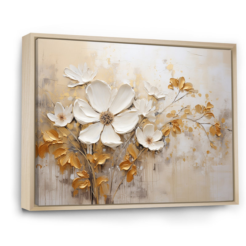 Fleurs saisonnières beiges et dorées en fleurs - Fleurs murales saisonnières, 12" H x 20" W, Cadre naturel flottant