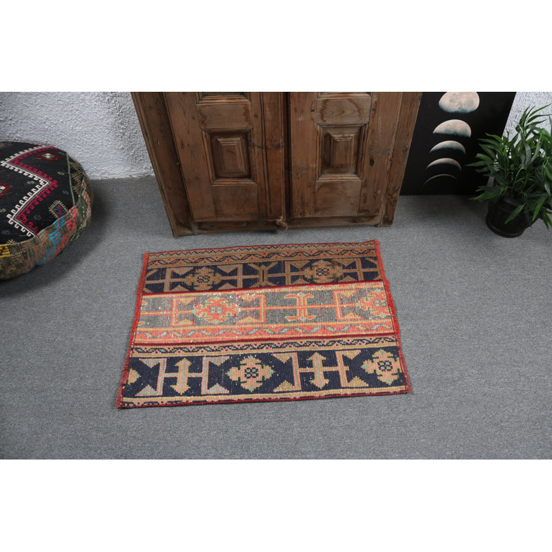 Authentic Vintage Turkish Mat in Navy with Intricate Geometric Design for Home Decor