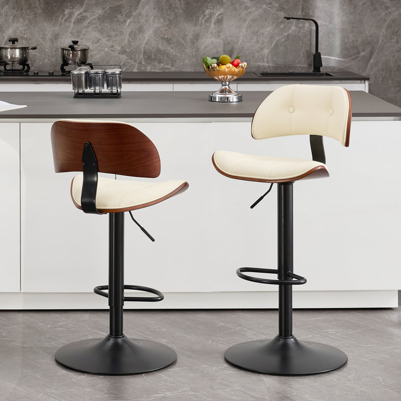 Swivel and  Adjustable Height Bar Stool with Footrest, 2, Beige Seat/Black Frame