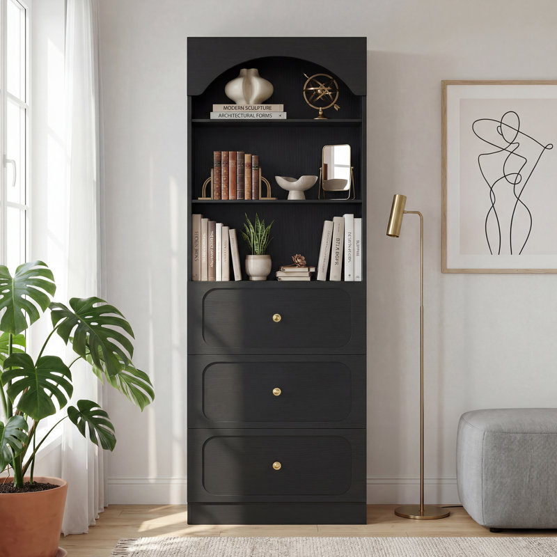‌ Bibliothèque en bois arquée 23,6 po - 3 tiroirs et 3 tablettes à 3 niveaux, rangement blanc pour le salon / la cuisine / la salle de bain‌