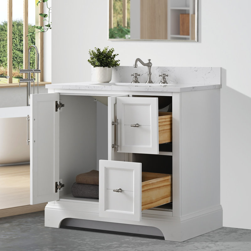 Vannes 36" Single Sink Freestanding Bathroom Vanity with Engineered Marble Top, White