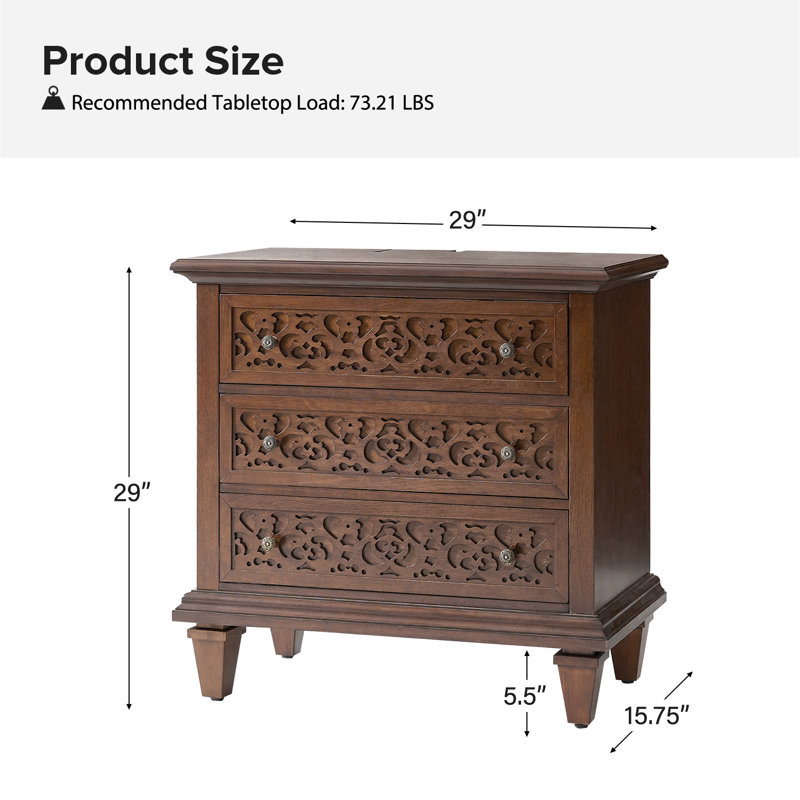 Talona 29'' W Transitional Carved 3 - Drawer End Table with Built-In Outlets and Solid Wood Legs, Walnut