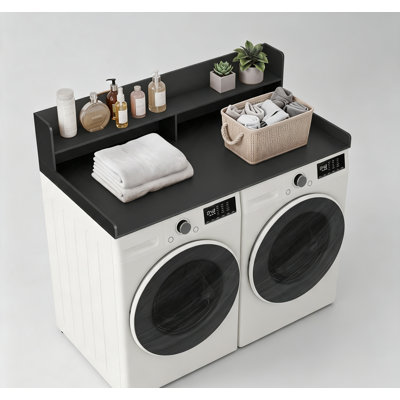 Space-Saving 2-Tier Washer and Dryer Countertop Organizer, Black Open Storage Shelf, Laundry Folding & Ironing Station for Laundry Room, Utility Room & Kitchen