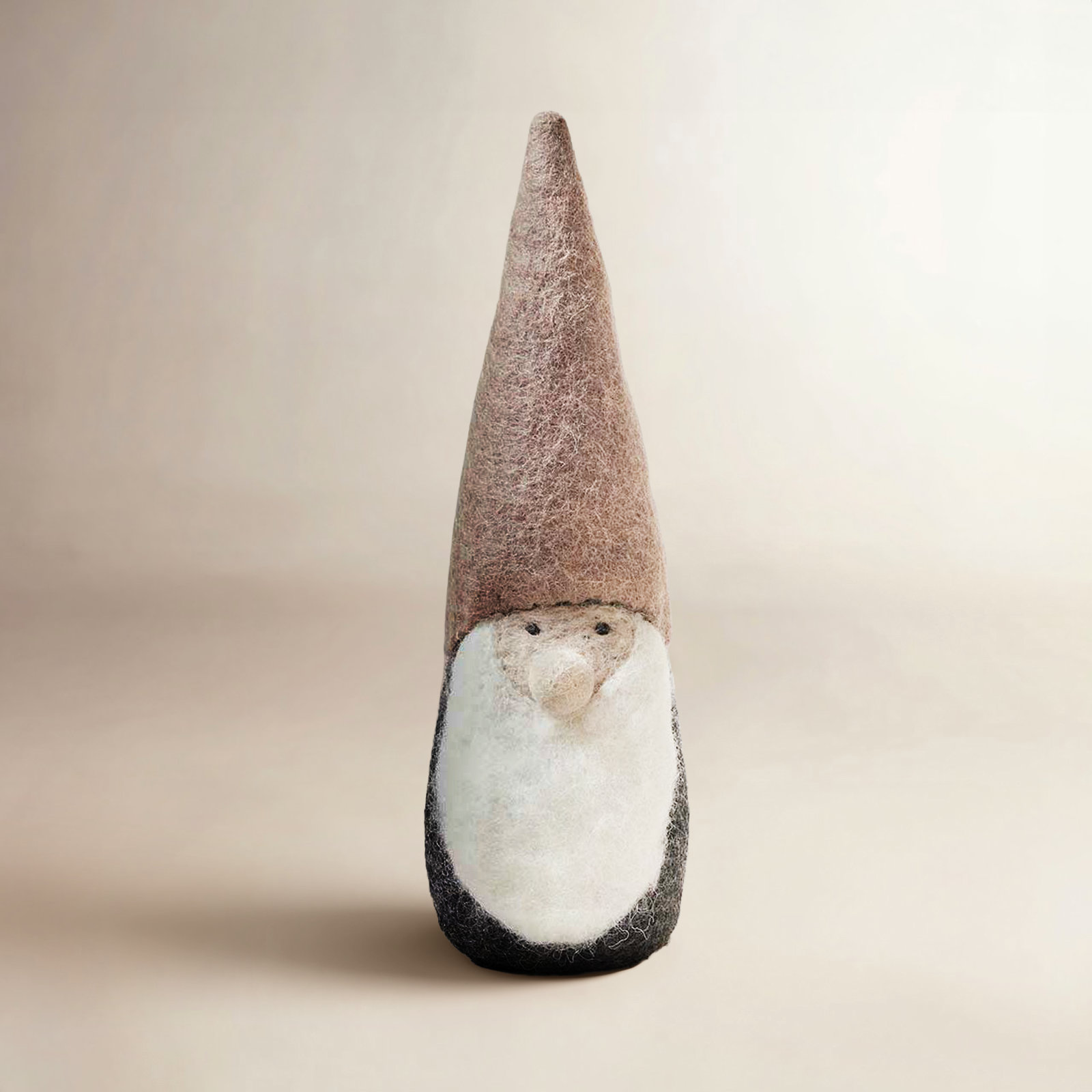 Felted Woodland Gnome, Medium: 12" H X 3.5"  (diameter at base), Tan/Charcoal/White