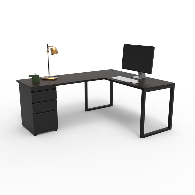 The City, Modern L-Shaped Office Desk for Office and Home, Espresso Top with Black Frame, Espresso/Black