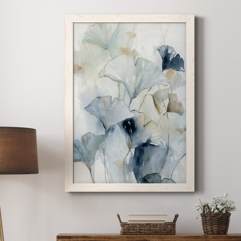 Indigo Ginkgo I - peinture sur toile encadrée, H 20 po x l 17 po x P 1,5 po, Blanc