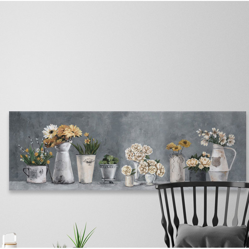 Rustic Gray Canvas Wall Art with Peach and White Flowers, 20" x 60"