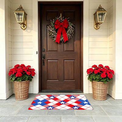 Red Argyle Star Stripe Grid 24 x 36 inch Floor Mat Juneteenth Indoor Outdoor