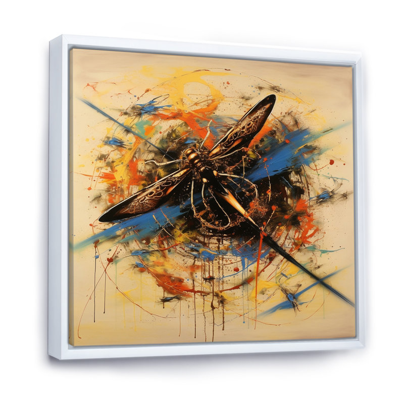 Peinture expressive de libellule I, H 36 po x l 36 po x P 1,5 po, Cadre flottant blanc