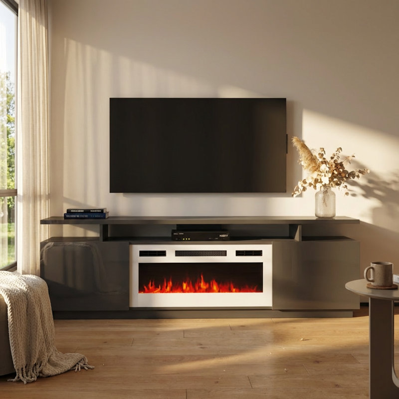 Genoveva 71" Modern TV Stand with Electric Fireplace, High Gloss Finish, Media Storage, Gray