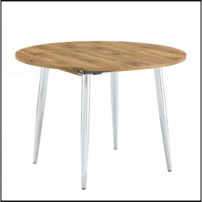 Table de salle à manger extensible moderne avec plateau en panneau de fibres à densité moyenne à grain de bois et pieds en métal argenté pour une salle à manger compacte et élégante