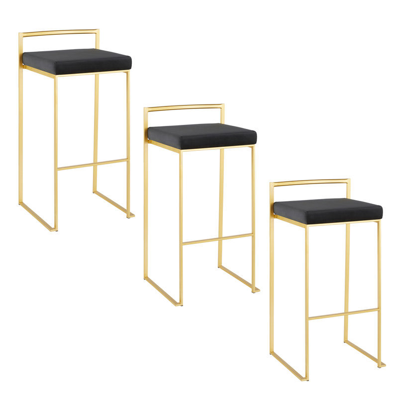 Ernestine Upholstered Stackable Bar & Counter Stool (Set of 3), Bar Stool (30" Seat Height), Black Velvet/Gold