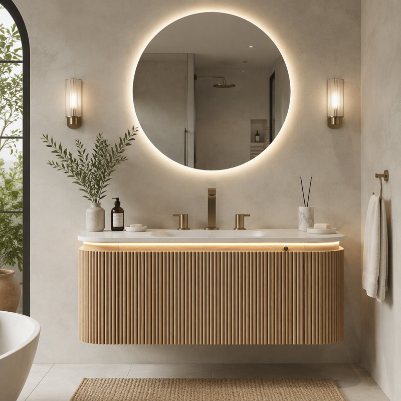 Meuble-lavabo mural de 91 cm (36 po) avec lavabo intégré, armoire incurvée cannelée avec éclairage à détecteur de mouvement pour salle de bain moderne