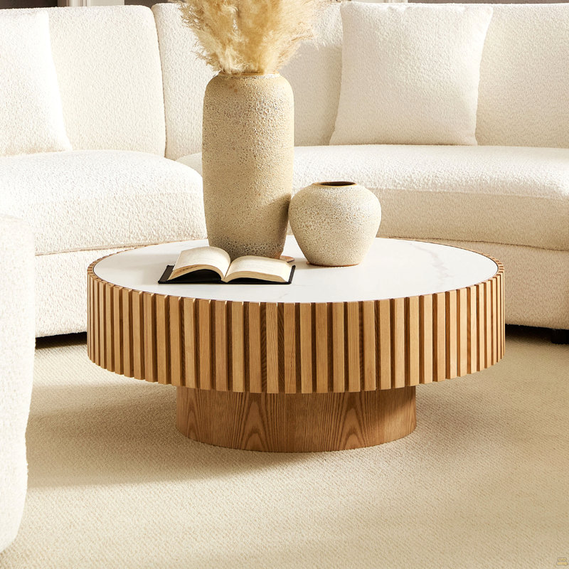 Table basse cylindrique 35,43 po, Chêne, Pierre frittée, Blanc