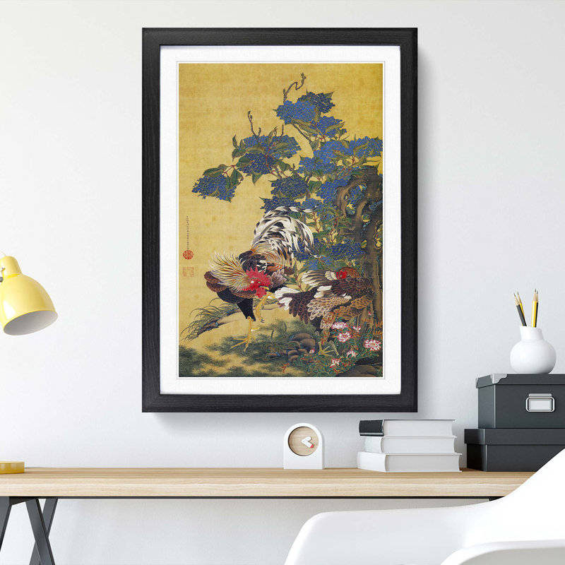 Two Roosters by Ito Jakuchu - Picture Frame Painting Print, Black Framed, 48cm H x 36cm W x 2cm D