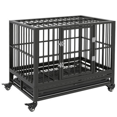 36" Heavy Duty Dog Crate with Lockable Wheels, 36.3" L x 24.5" W x 29.5" H, Metal Wire Kennel with Double Door and Removable Tray for Medium Dogs up to 44 lbs, Grey, 1 Piece