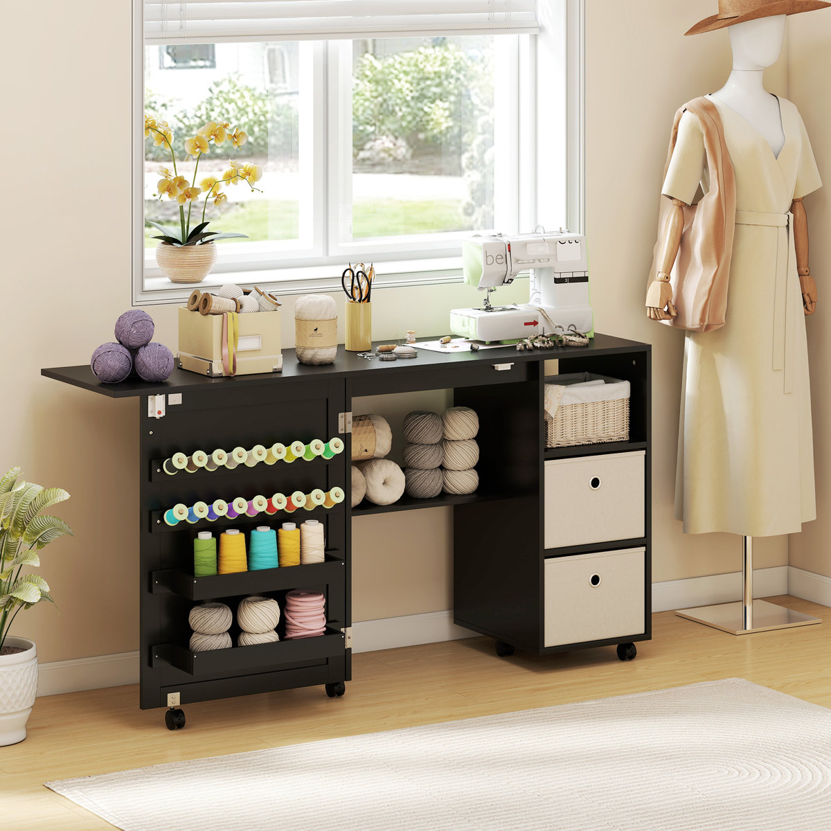 HomCom Folding Sewing Table with Power Outlet, Rolling Craft Table ...