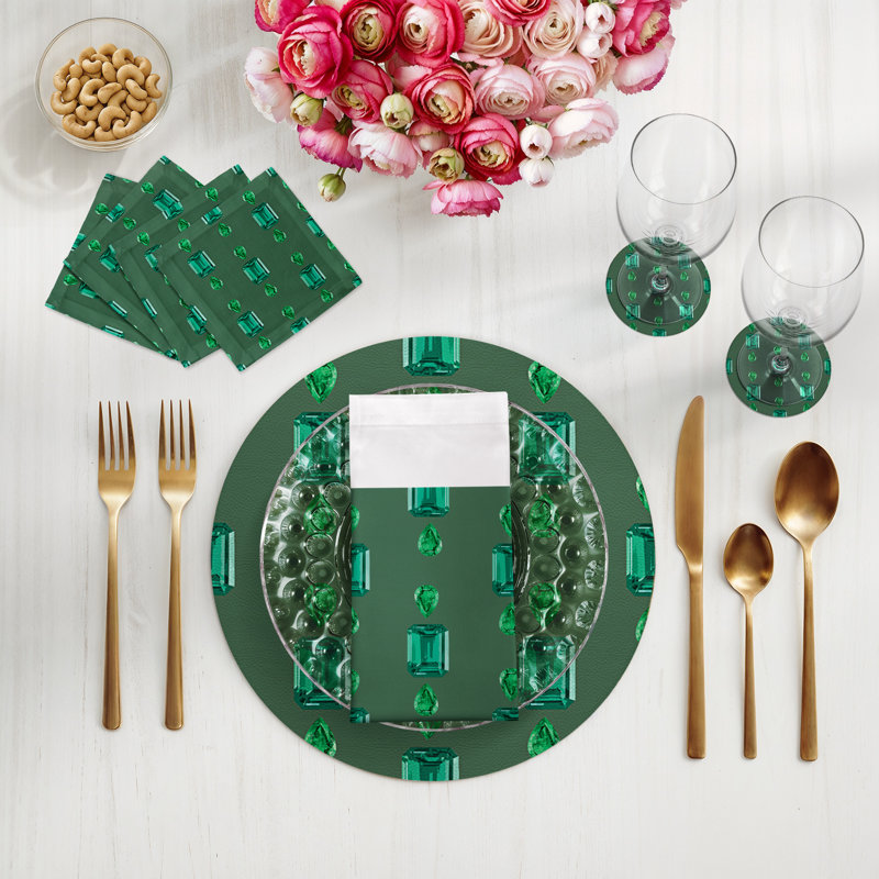 Gem Emeralds Gold Vegan Leather Round Coasters, Evergreen