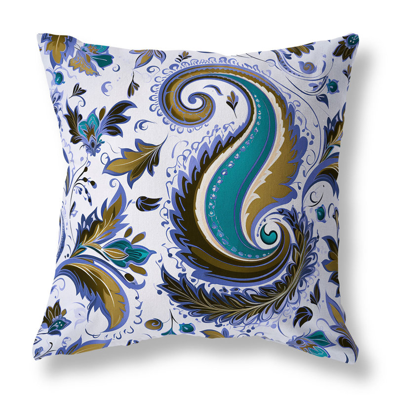 Blue and Olive Paisley Faux Suede Square Throw Pillow
