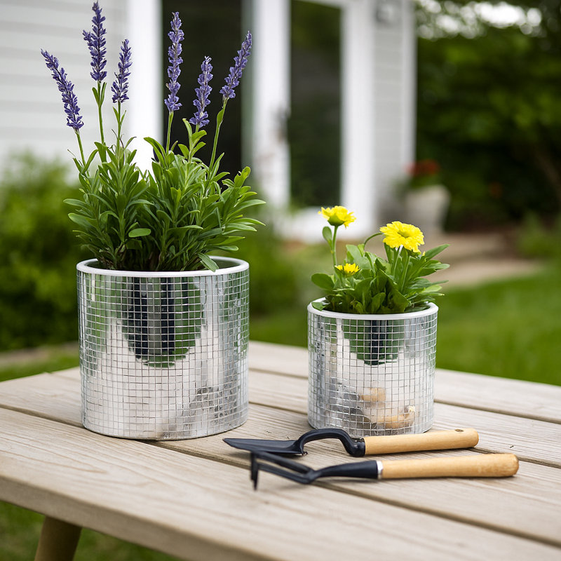 Sagebrook Home Elegant Silver Ceramic Disco Planter, 2-Pieces