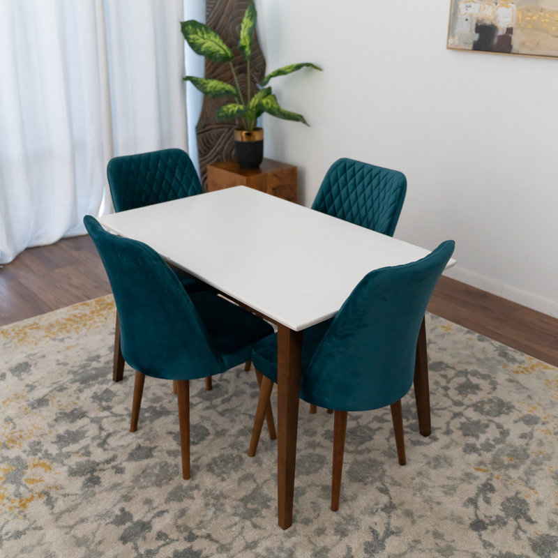 Fredy 4 - Person White Top Solid Wood Dining Set with Velvet Upholstered Chairs, 29.7" H x 47.2" L x 29.7" W, Teal