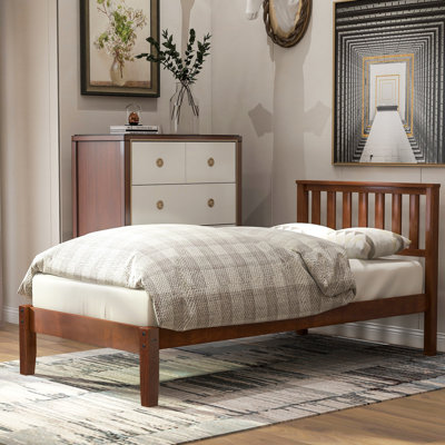 White Wood Platform Bed with Headboard, Solid Pine Slats, Twin Size Frame, No Box Spring Needed