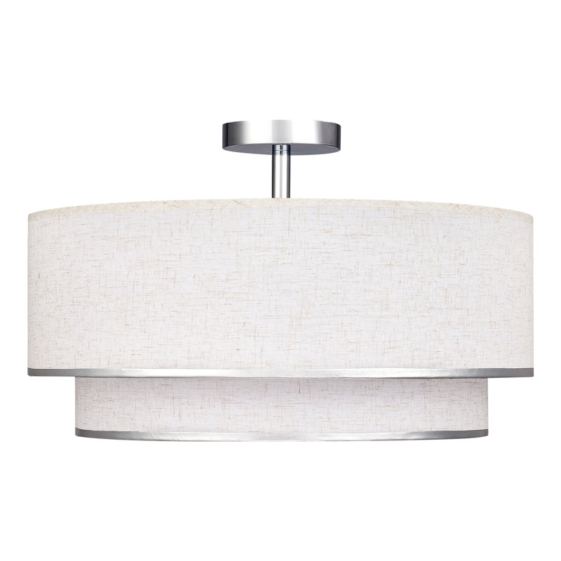 Plafonnier semi-encastré 3 lumières 20 po avec double abat-jour en tissu et bordure argentée