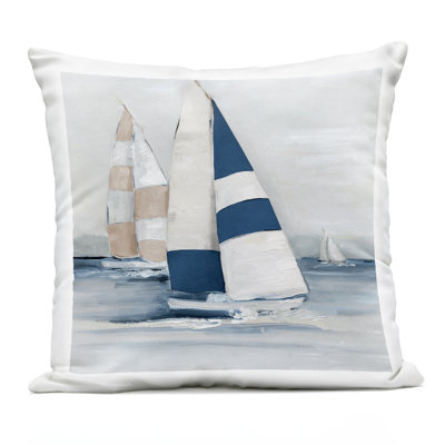 Striped Sailboat Voyage Design by Sally Swatland Outdoor Printed Pillow