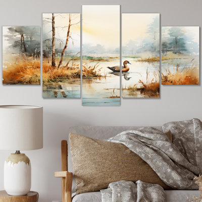 Duck In The Misty Pond At Dawn Watercolor III - Animal Duck Wall Art Print - 5 Panels