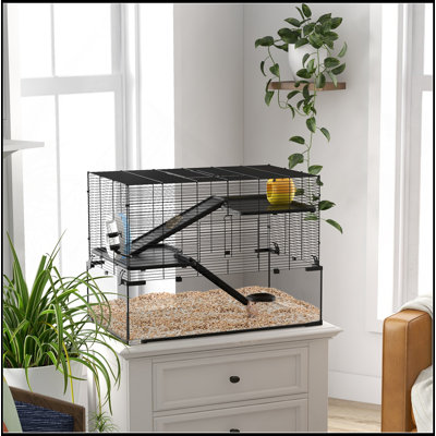 Hamster Cage, 31" Gerbil Cage With Glass Basin, Ramps, Platforms, Hut, Exercise Wheel, For Small Hamsters, Black