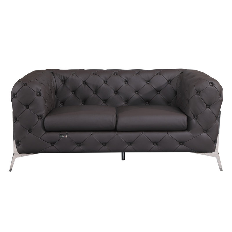 Ehrika Top Grain Italian Leather Loveseat, Brown, Silver