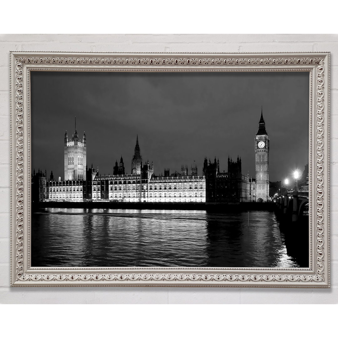 London Thames Houses Of Parliament B N W Night - Einzelne Bilderrahmen Kunstdrucke