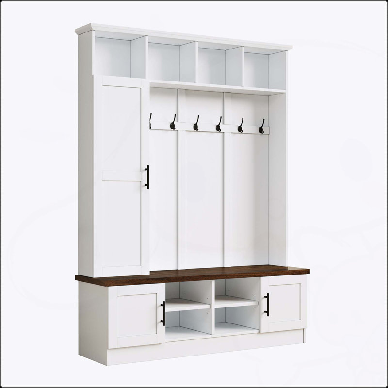 Modern Farmhouse Hall Tree with Storage, Seating, and Hooks for Versatile  Organization, White/Deep Walnut
