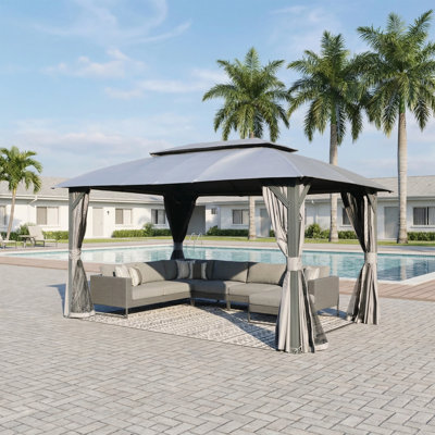 Pavillon de jardin, auvent extérieur robuste avec double toit, rideaux d'intimité et moustiquaire pour patio, cour arrière, terrasse