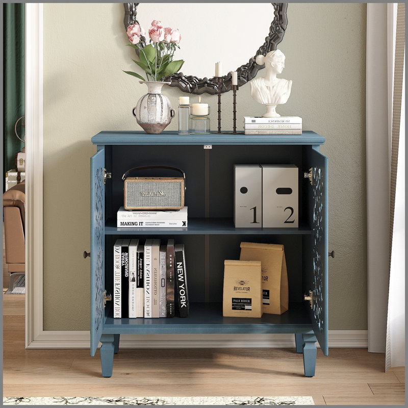 Vintage Hollow-Carved Accent Cabinet, 2-Door Display Storage Sideboard With Symmetrical Floral Design, Adjustable Shelf And Solid Wood Legs For Living Room Entryway(Antique Blue)