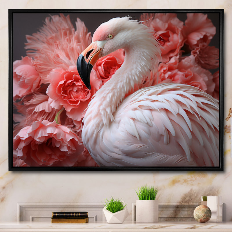 Flamant rose élégance I - imprimé, H 30 po x l 40 po x P 1,5 po, Cadre flottant noir