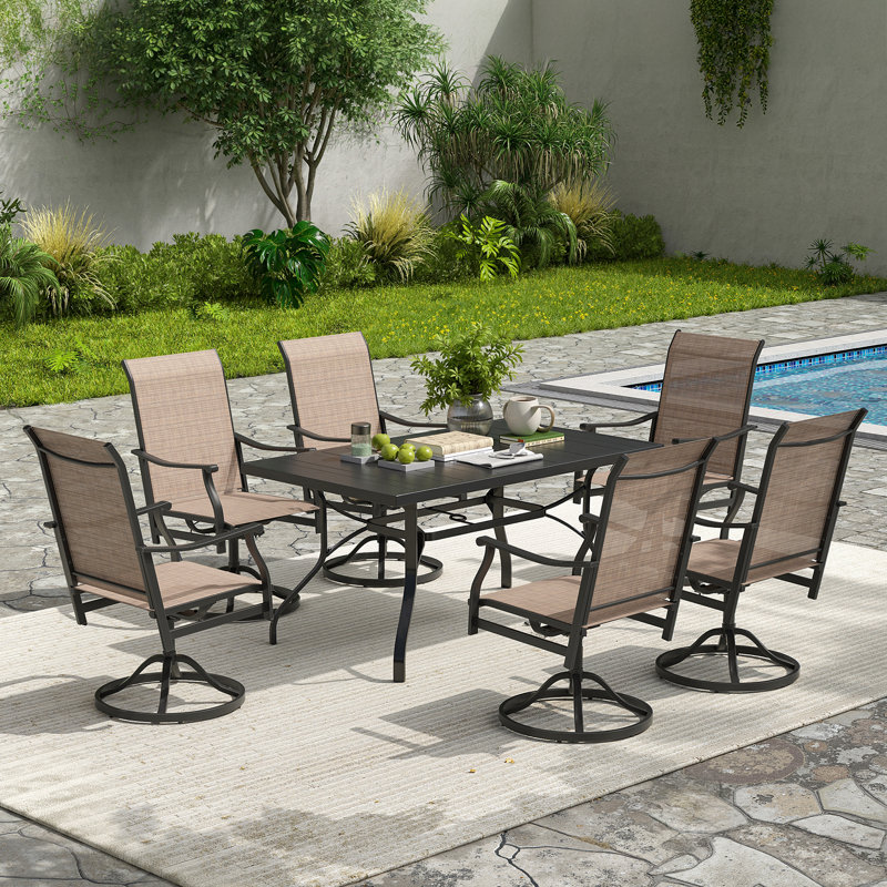 6-Person Steel Patio Dining Set with Swivel Chairs , Black, Brown