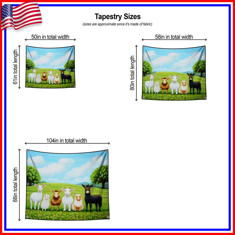 Tapisserie murale animaux de ferme - Décoration murale animaux, H 104 po x 88 avec 4 œillets