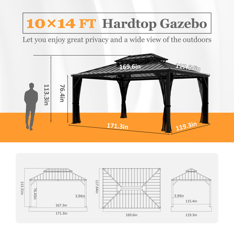 Pavillon de jardin en aluminium à toit double avec toit rigide