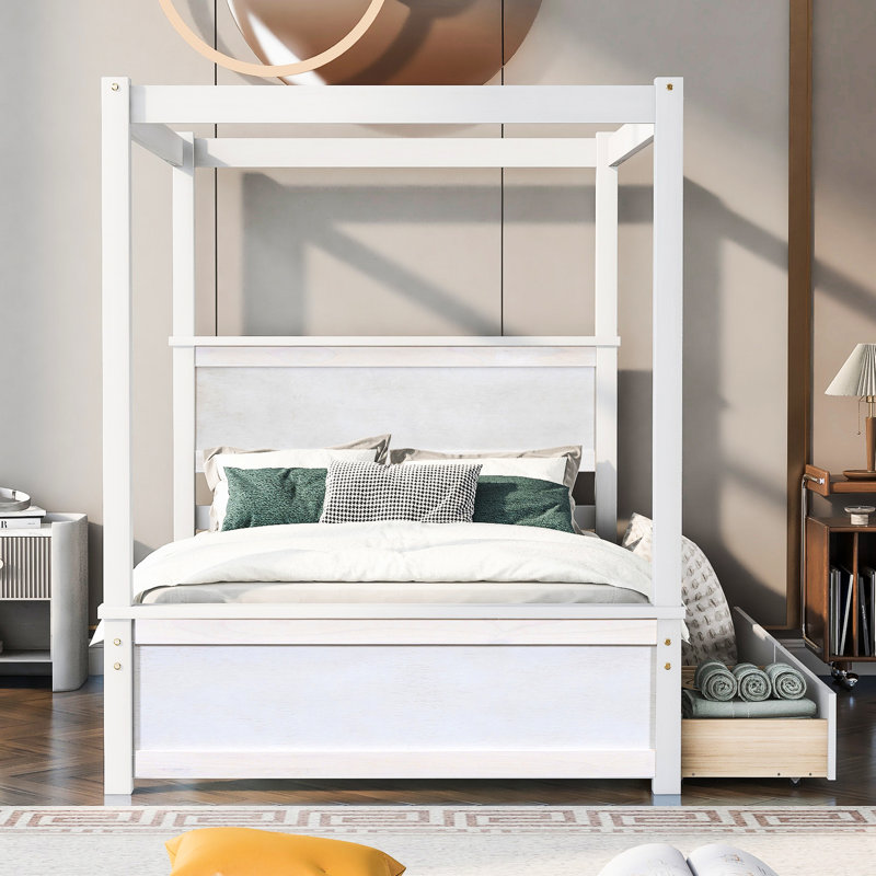 Lit à baldaquin moderne, blanc brossé, capacité de poids de 350 lb, avec 2 tiroirs pour espace de rangement supplémentaire pour lit de commodité, H 71,2 po, construction solide