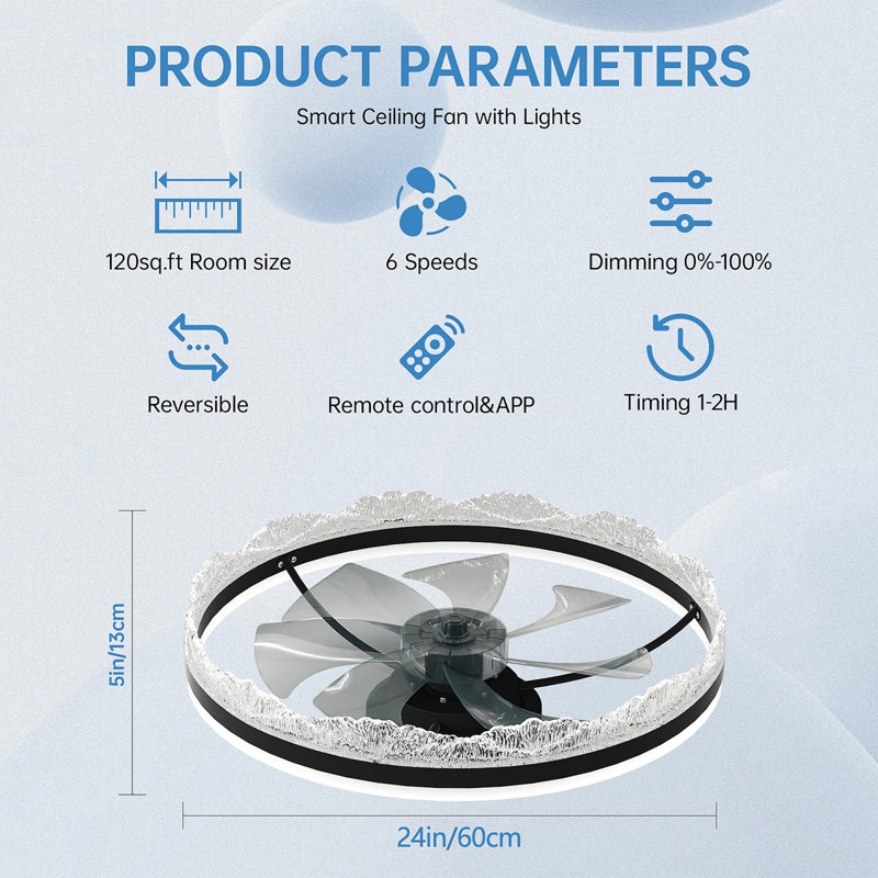 24" Quiet Ceiling Fan With Light – LED Crystal Flush Mount Fan Lamp With Hidden Blades And Natural Airflow, Perfect For Bedroom, Kids Room, Study Room