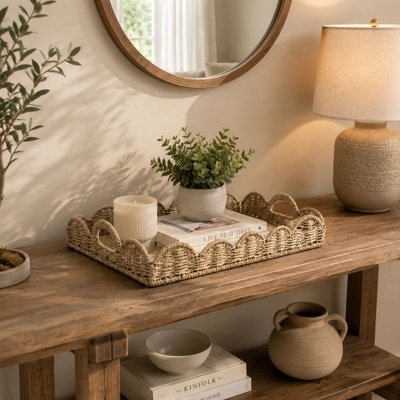 Scalloped Wicker Serving Tray, Seagrass Rectangle Basket with Handles for Tabletop Decor and Storage