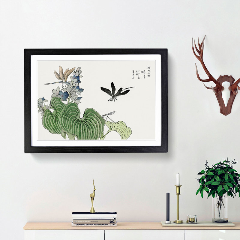 Dragonflies on a Flower by Morimoto Toko - Picture Frame Painting Print, 62cm H x 87cm W x 2cm D, Black Framed