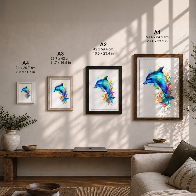 Leaping Dolphin Coastal - Print, A4 - 29.7 x 21.0 cm, Walnut