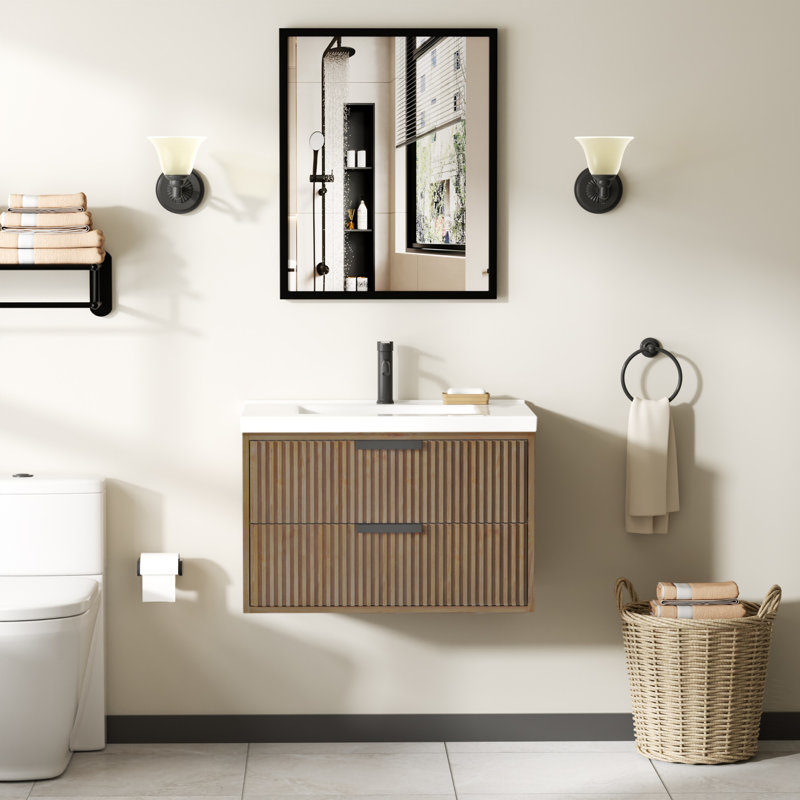 Meuble-lavabo flottant avec lavabo simple blanc Maxbano, Marron clair, Noir