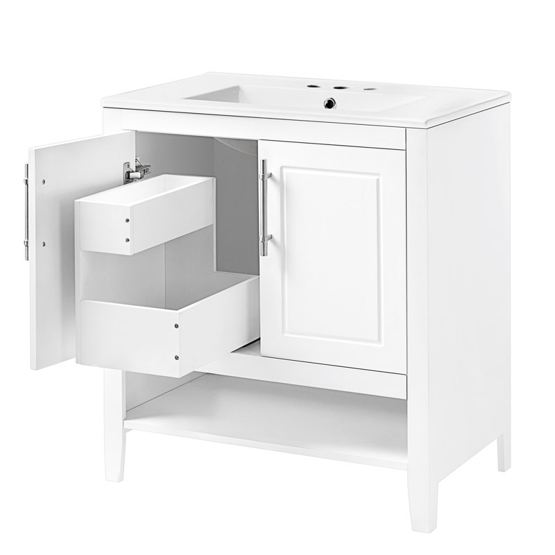 Meuble-lavabo 30 po avec lavabo, armoire de salle de bain multifonctionnelle avec portes et tiroirs, structure solide et panneau de fibres à densité moyenne, blanc