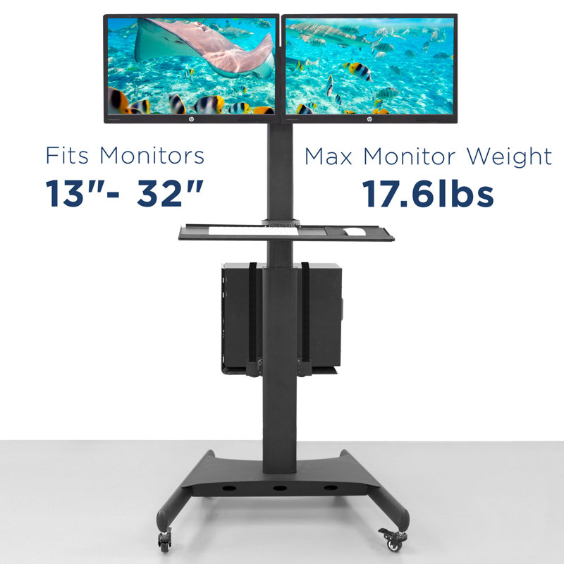 Adjustable Black Steel Mobile Dual Monitor Computer Cart
