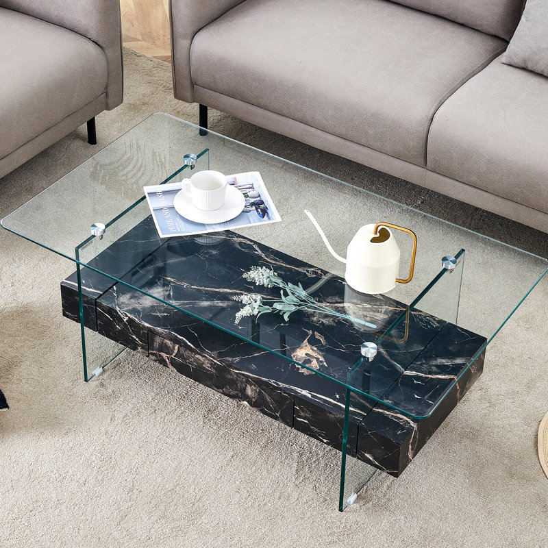 Table basse en verre transparent et marbre noir aux dimensions bien conçues, table moderne, 43,3 pouces, aspect trempé, rangement de tiroir, convient à la maison et au bureau