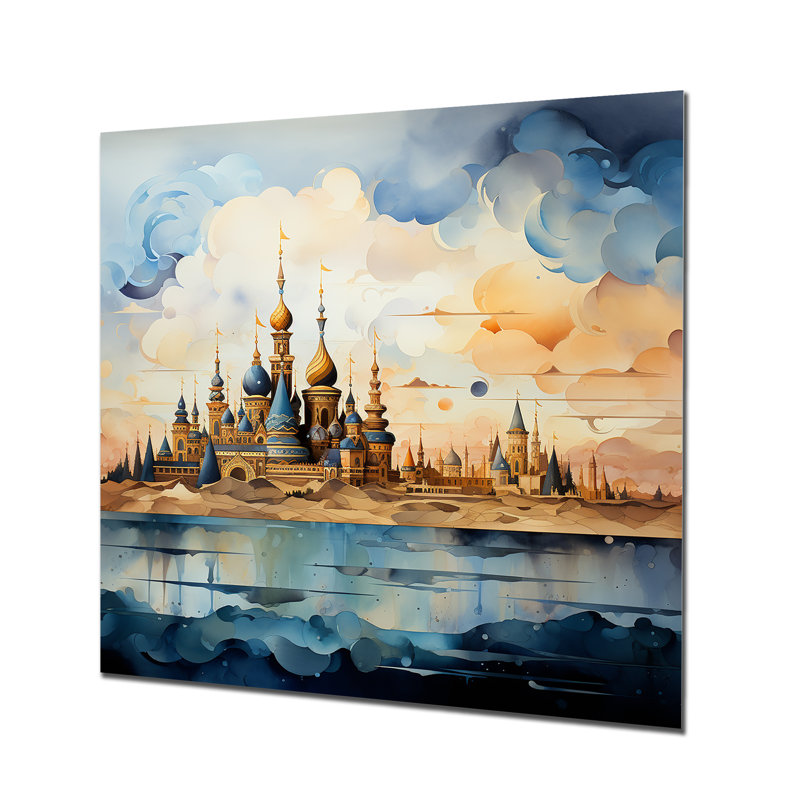 Mosquée bleue et jaune, art mural, H 29 po x l 29 po