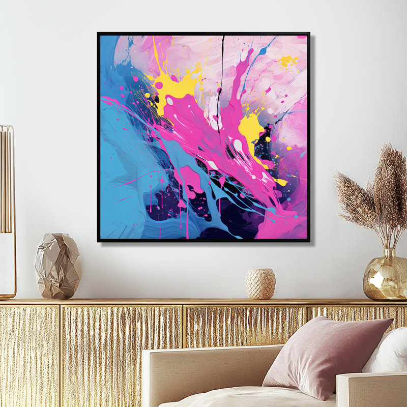 Rose bleu, peinture, éclaboussures, Pop Art, Toile avec cadre flottant noir, H 16 po x l 16 po x P 1 po